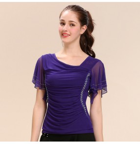 Black purple violet short  sleeves rhinestones women's ladies stage performance ballroom tango waltz latin dance tops blouses
